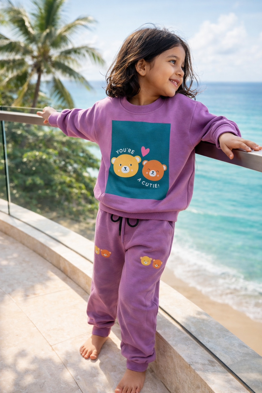 Girls Summer Cotton Co-Ord Set – Cute Bear Print Kids T-Shirt & Jogger Pants | Soft Breathable Kids Playwear & Travel Outfit