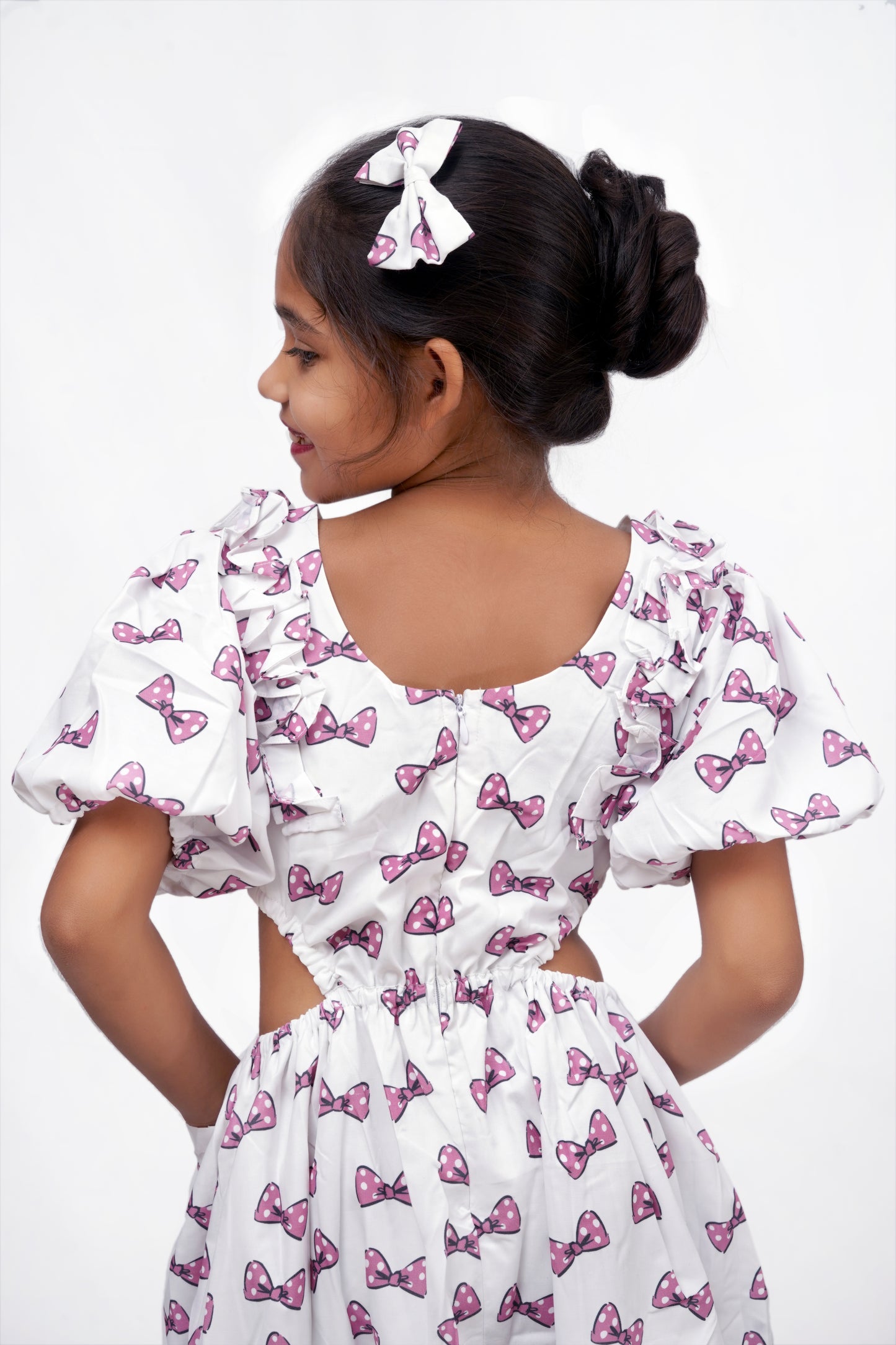 Bow Print Puff Sleeve Cutout Dress – Girls’ Casual & Partywear