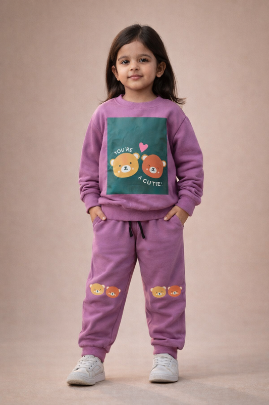 Girls Summer Cotton Co-Ord Set – Cute Bear Print Kids T-Shirt & Jogger Pants | Soft Breathable Kids Playwear & Travel Outfit