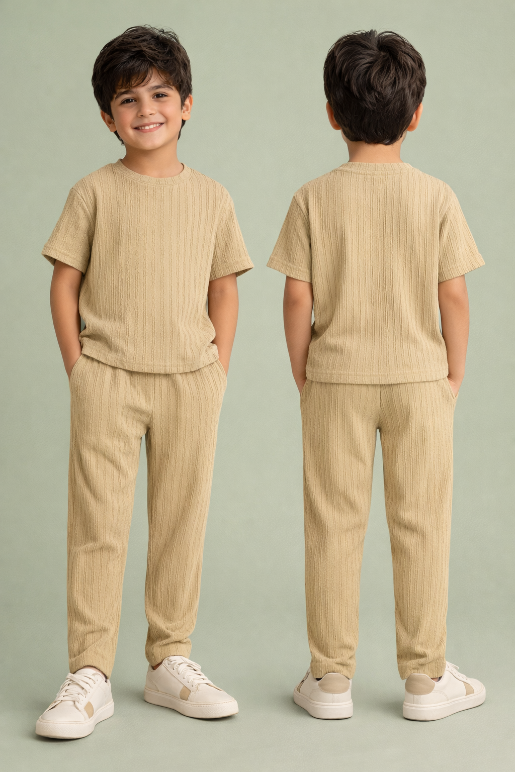 Boys' Beige Textured Tee & Trousers Playwear & Resortwear Set