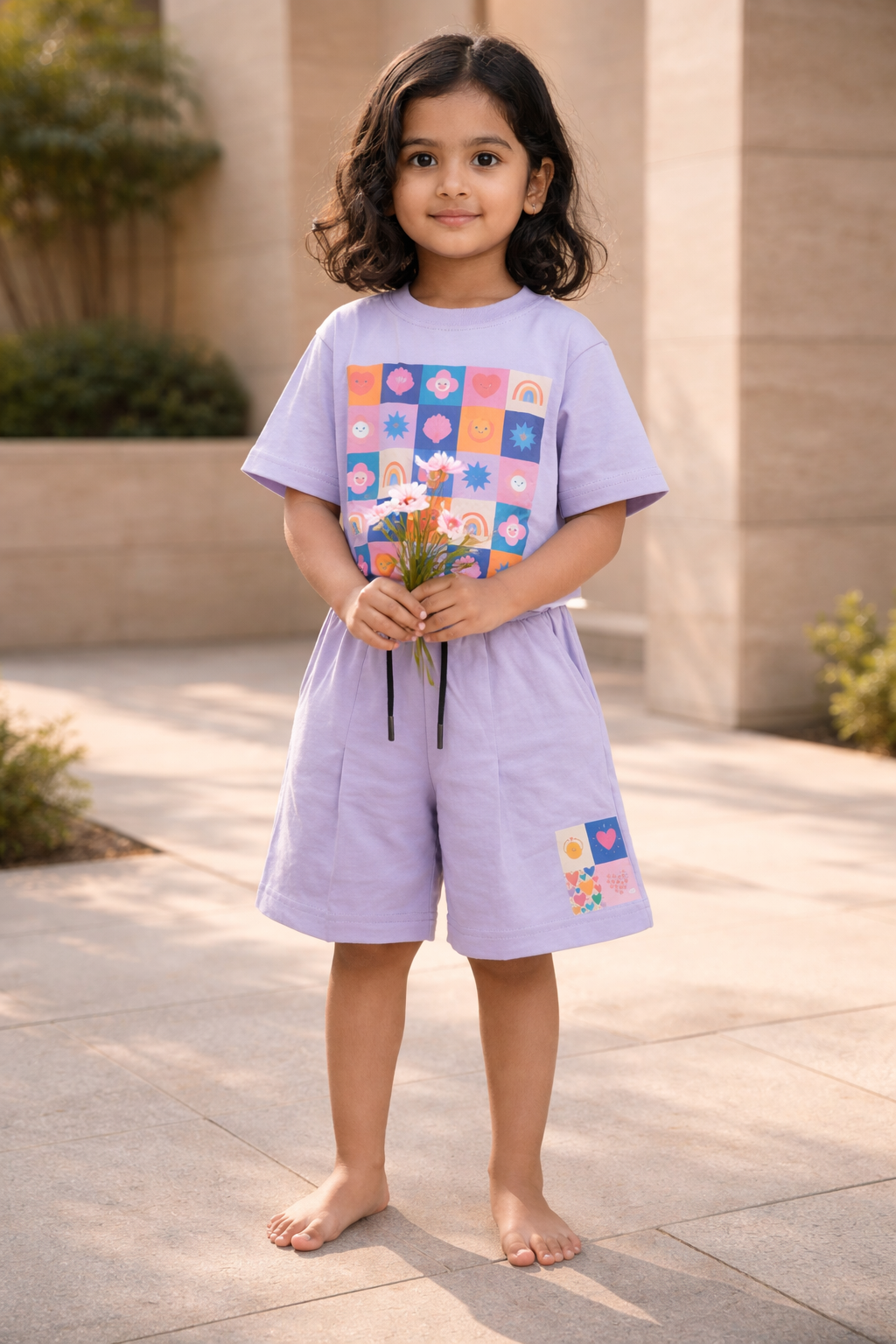 Girls Summer Co-Ord Set – Lavender Graphic T-Shirt & Shorts | Kids Lightweight Breathable Playwear Outfit