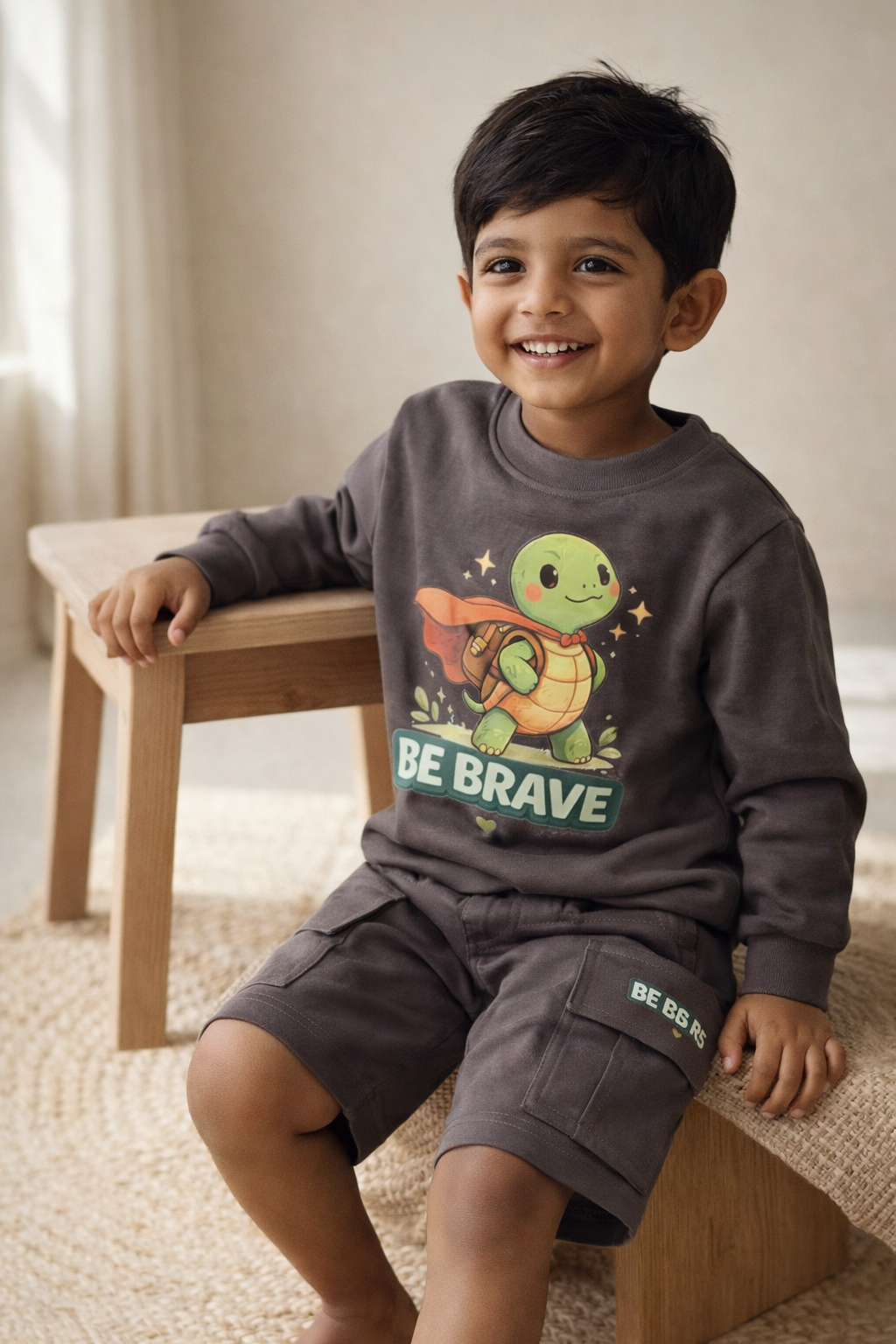 Boys' "Be Brave" Charcoal T-Shirt & Cargo Shorts Set – Lightweight Summer Travelwear