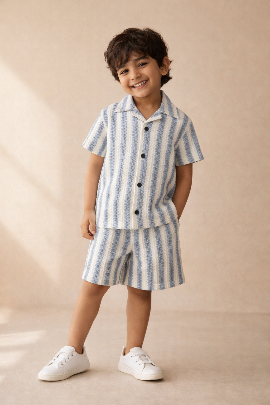 Boys Summer Co-Ord Set – Blue Stripe Button-Down Shirt & Shorts | Kids Lightweight Breathable Vacation & Beach Outfit