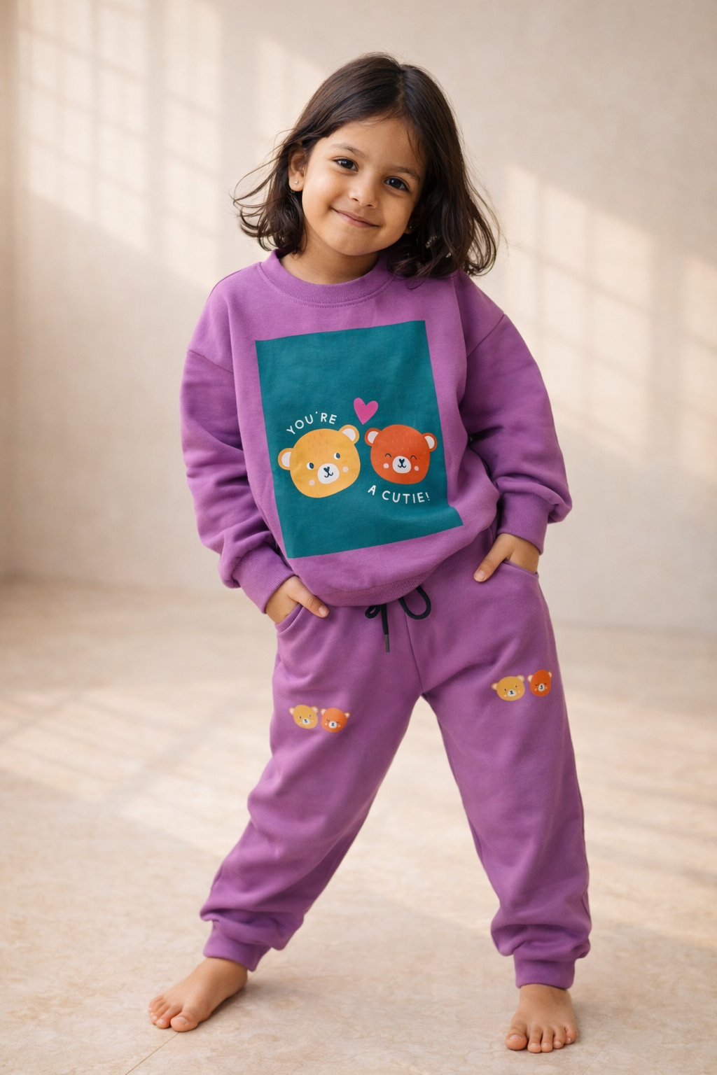 Girls Summer Cotton Co-Ord Set – Cute Bear Print Kids T-Shirt & Jogger Pants | Soft Breathable Kids Playwear & Travel Outfit