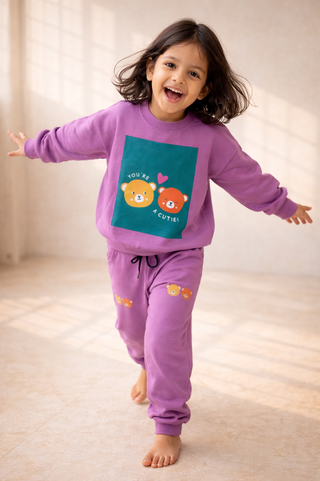 Girls Summer Cotton Co-Ord Set – Cute Bear Print Kids T-Shirt & Jogger Pants | Soft Breathable Kids Playwear & Travel Outfit