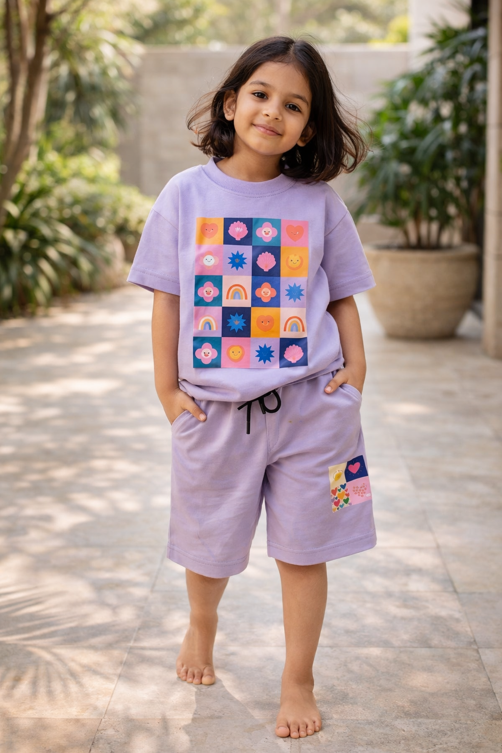 Girls Summer Co-Ord Set – Lavender Graphic T-Shirt & Shorts | Kids Lightweight Breathable Playwear Outfit
