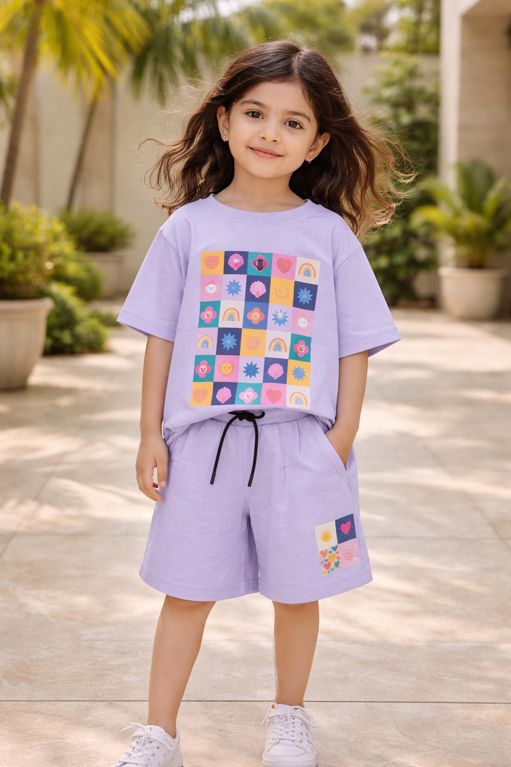 Girls Summer Co-Ord Set – Lavender Graphic T-Shirt & Shorts | Kids Lightweight Breathable Playwear Outfit