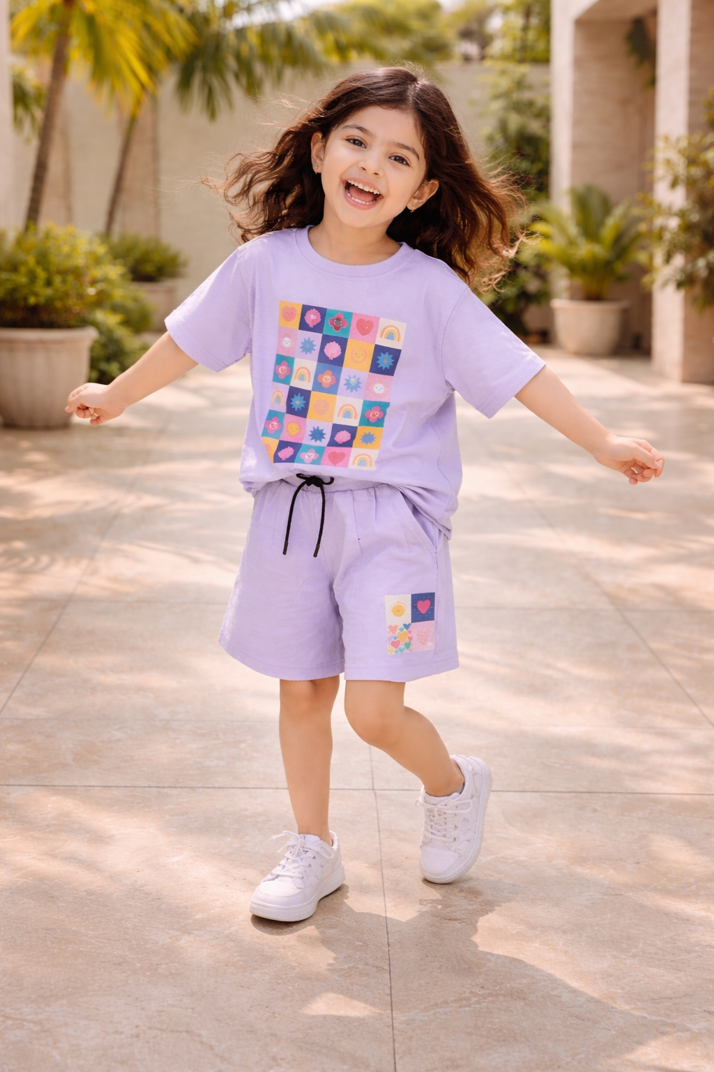 Girls Summer Co-Ord Set – Lavender Graphic T-Shirt & Shorts | Kids Lightweight Breathable Playwear Outfit