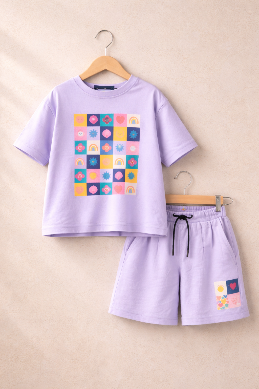 Girls Summer Co-Ord Set – Lavender Graphic T-Shirt & Shorts | Kids Lightweight Breathable Playwear Outfit