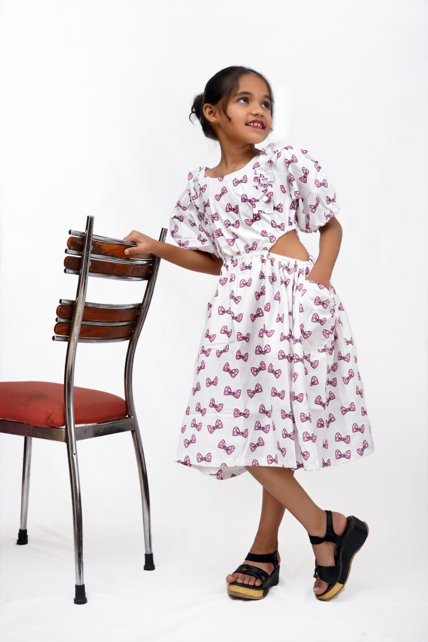 Bow Print Puff Sleeve Cutout Dress – Girls’ Casual & Partywear