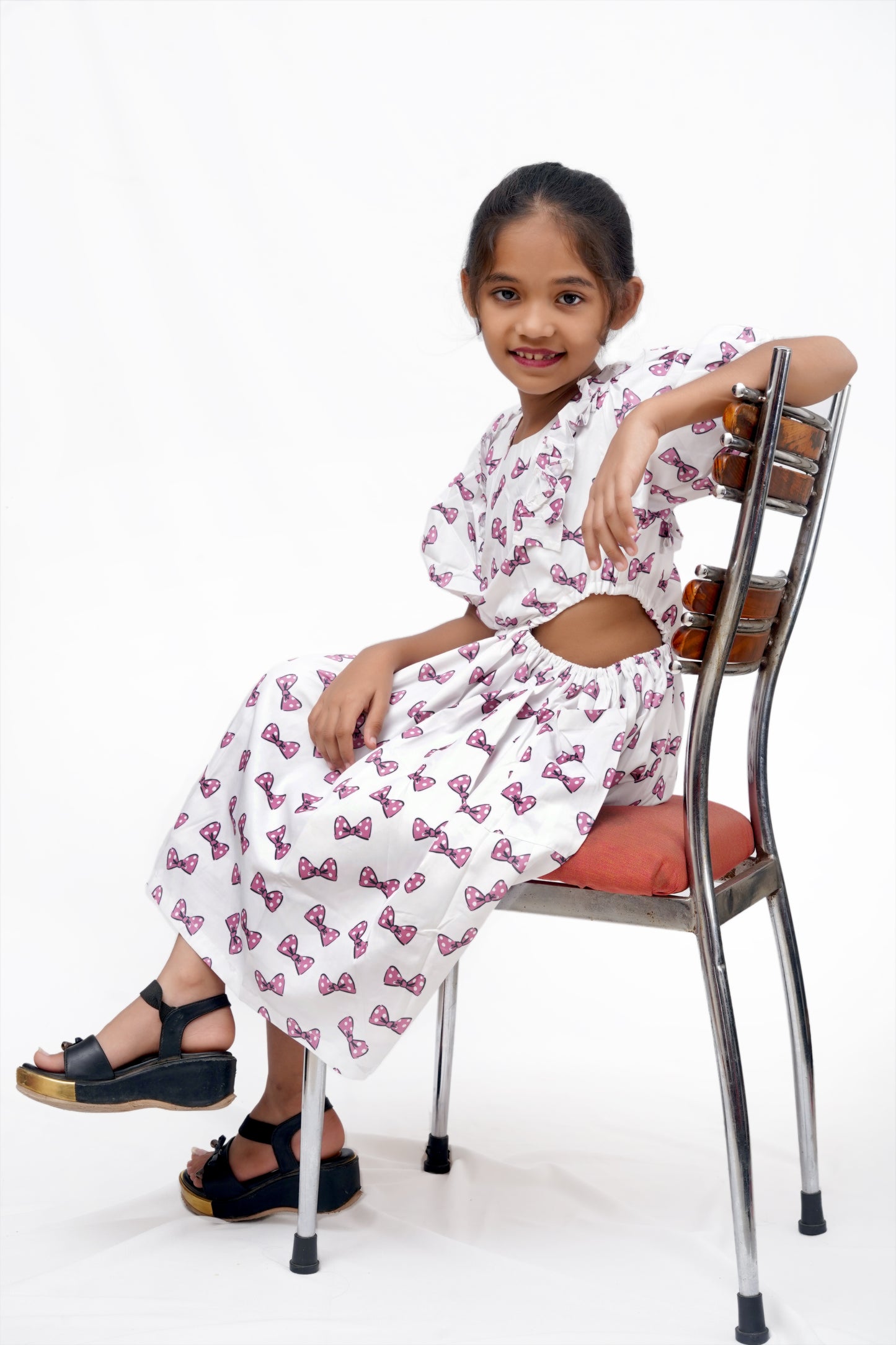 Bow Print Puff Sleeve Cutout Dress – Girls’ Casual & Partywear