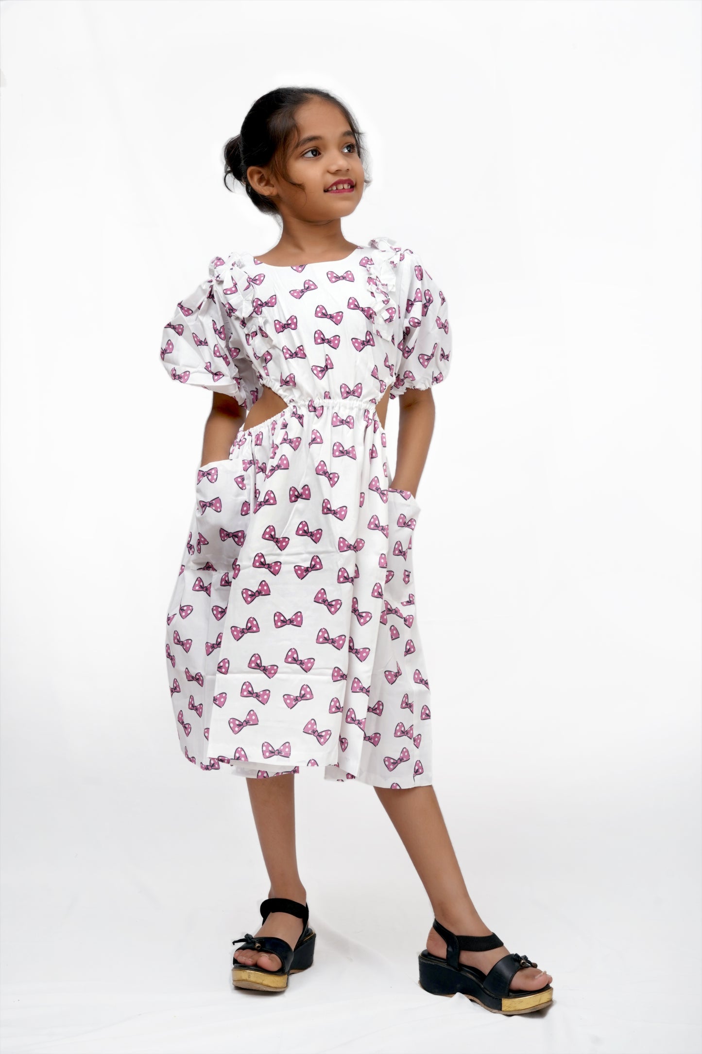 Bow Print Puff Sleeve Cutout Dress – Girls’ Casual & Partywear
