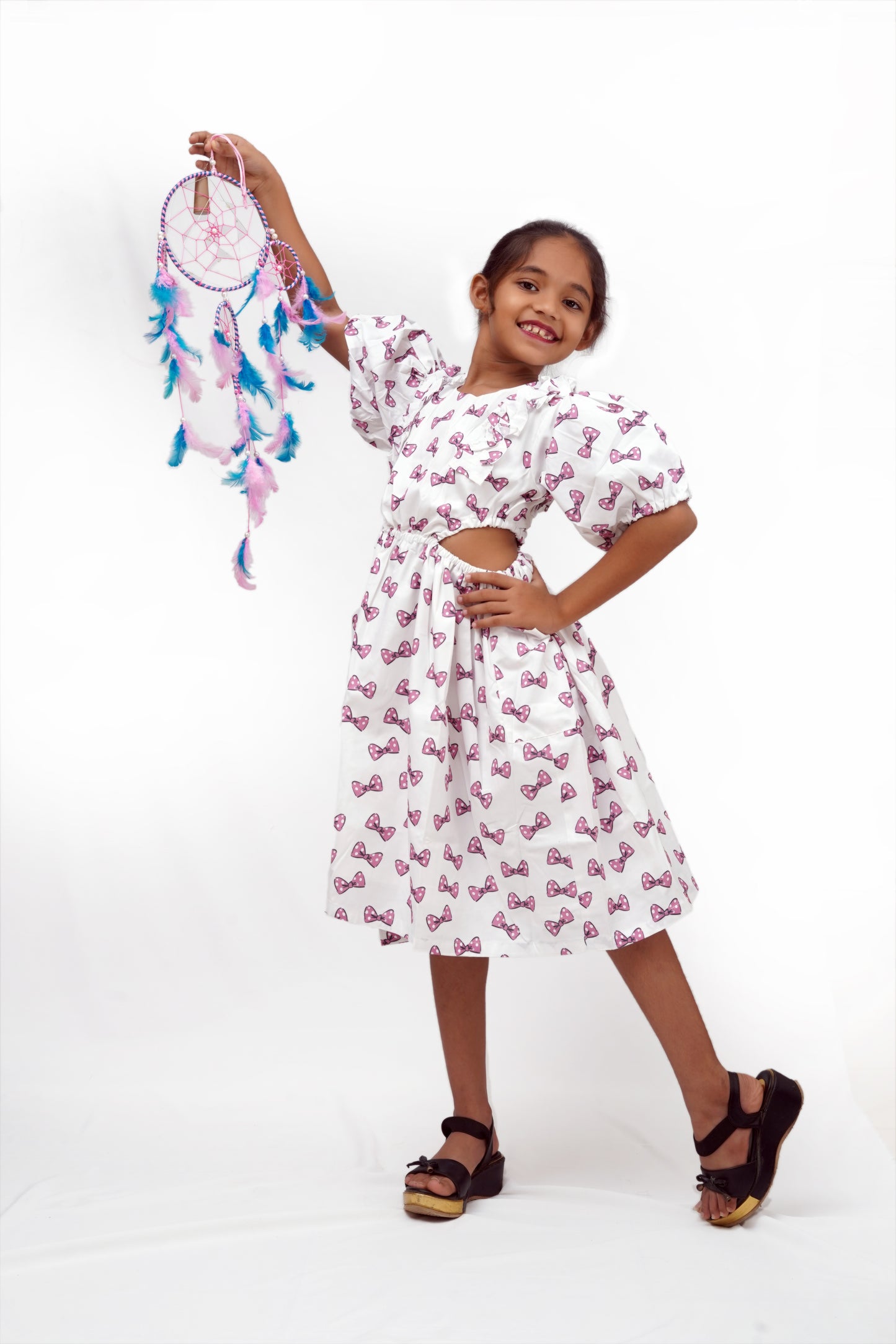 Bow Print Puff Sleeve Cutout Dress – Girls’ Casual & Partywear