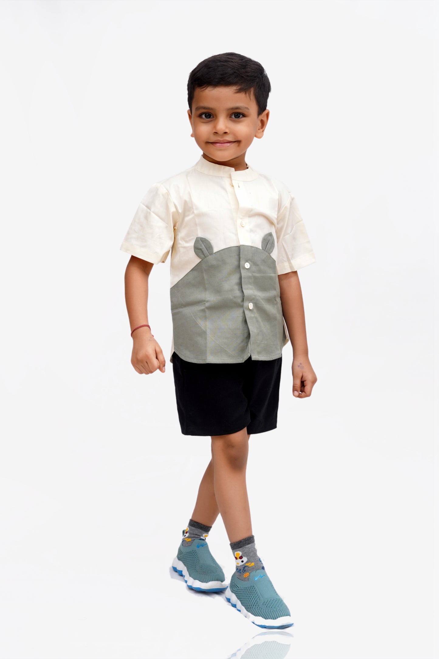 “Whiskers” Animal-Inspired Cotton Shirt with Black Shorts