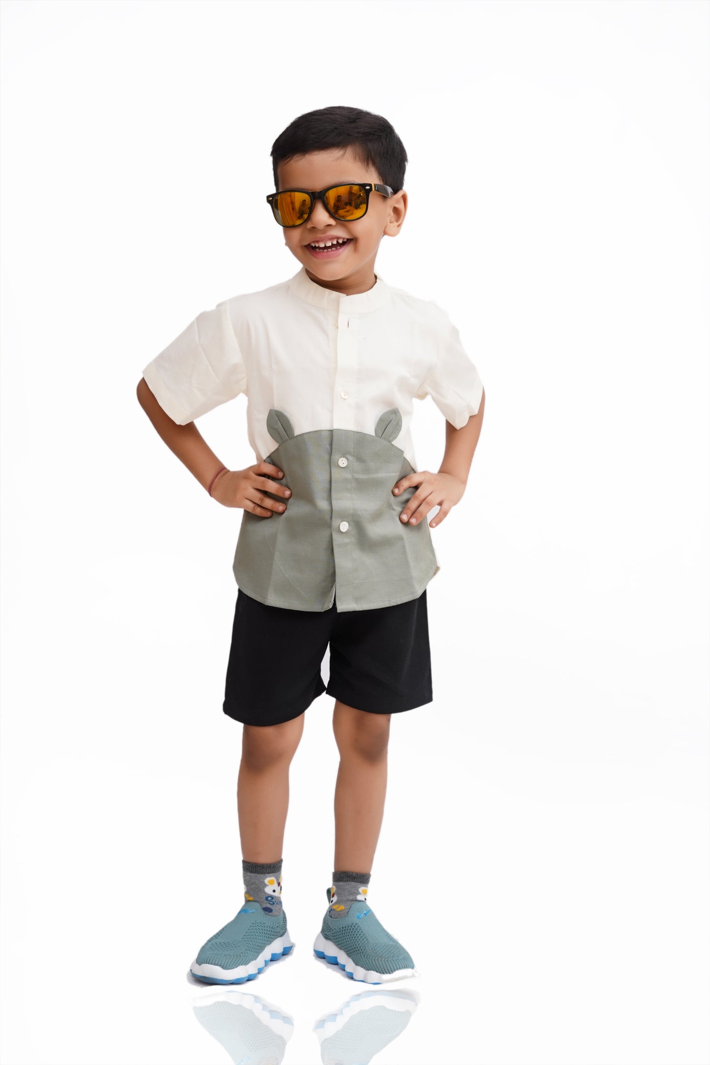 “Whiskers” Animal-Inspired Cotton Shirt with Black Shorts