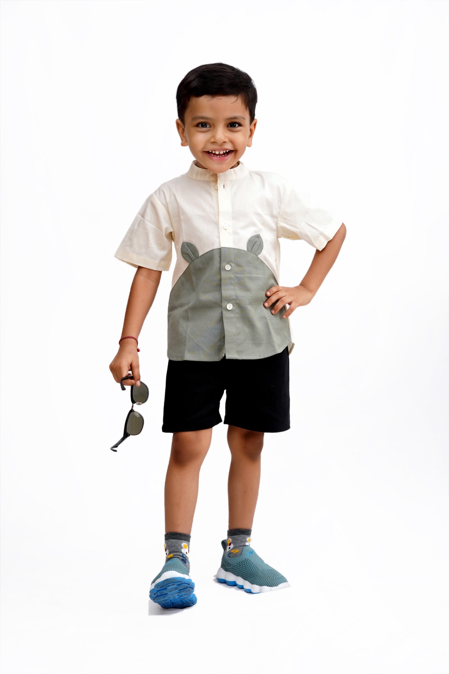 “Whiskers” Animal-Inspired Cotton Shirt with Black Shorts