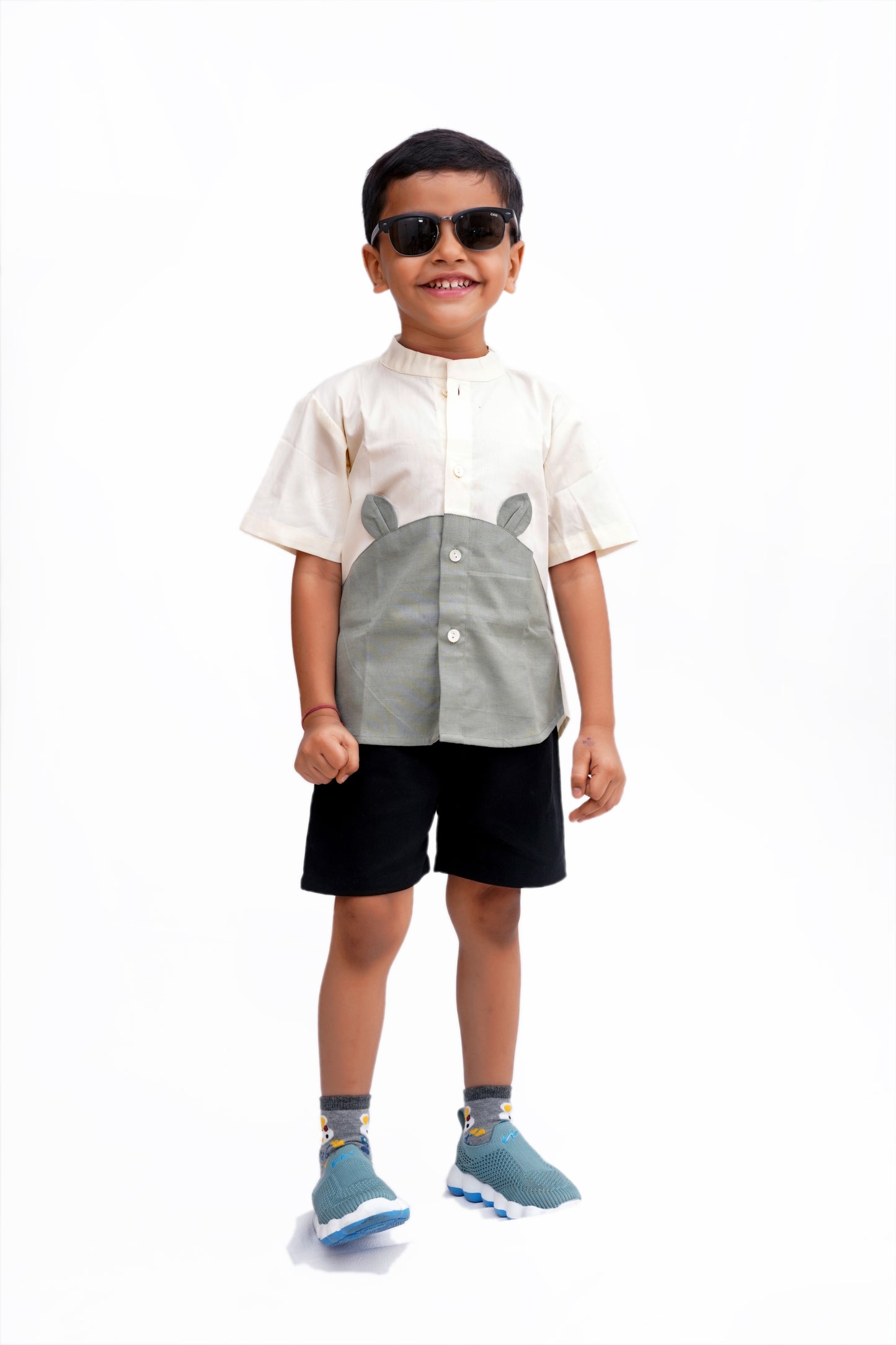 “Whiskers” Animal-Inspired Cotton Shirt with Black Shorts