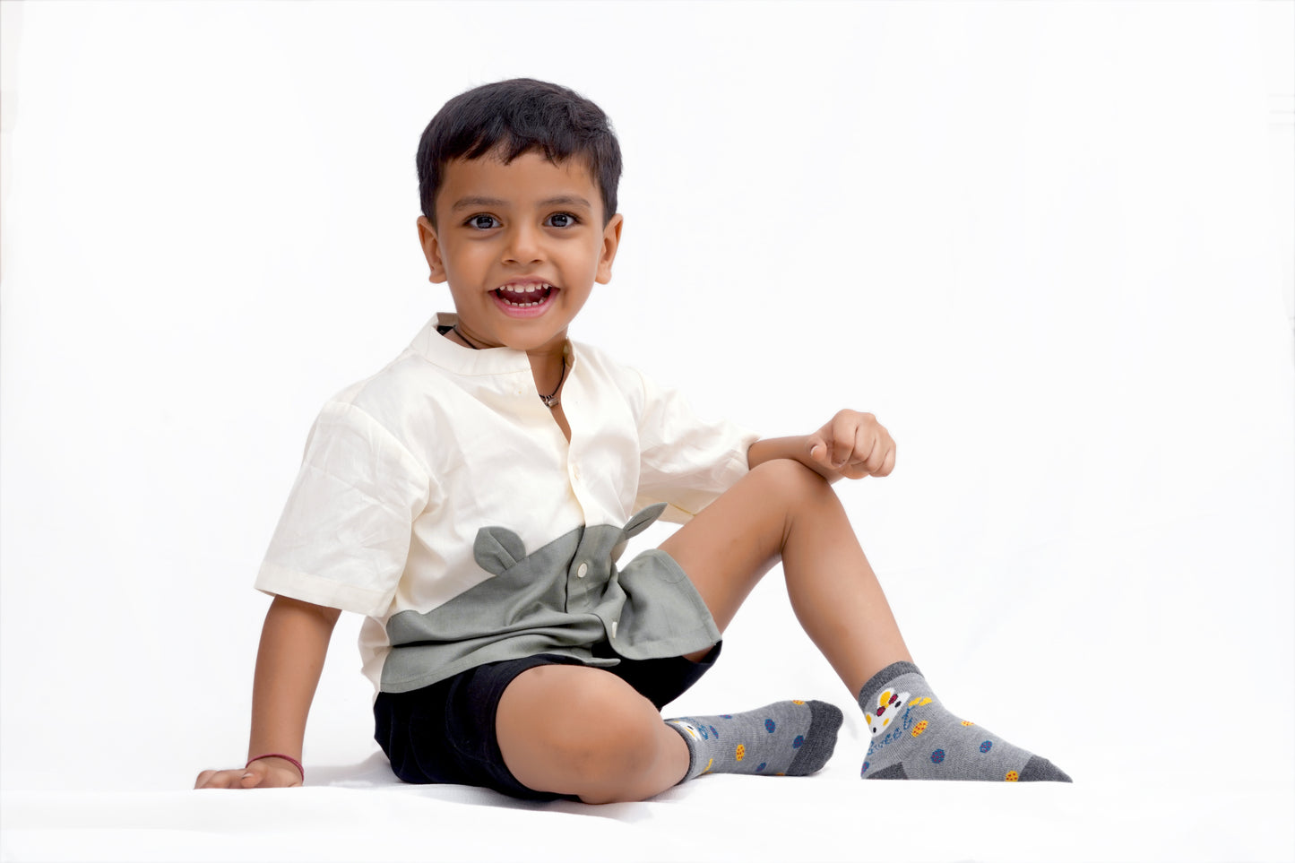 “Whiskers” Animal-Inspired Cotton Shirt with Black Shorts