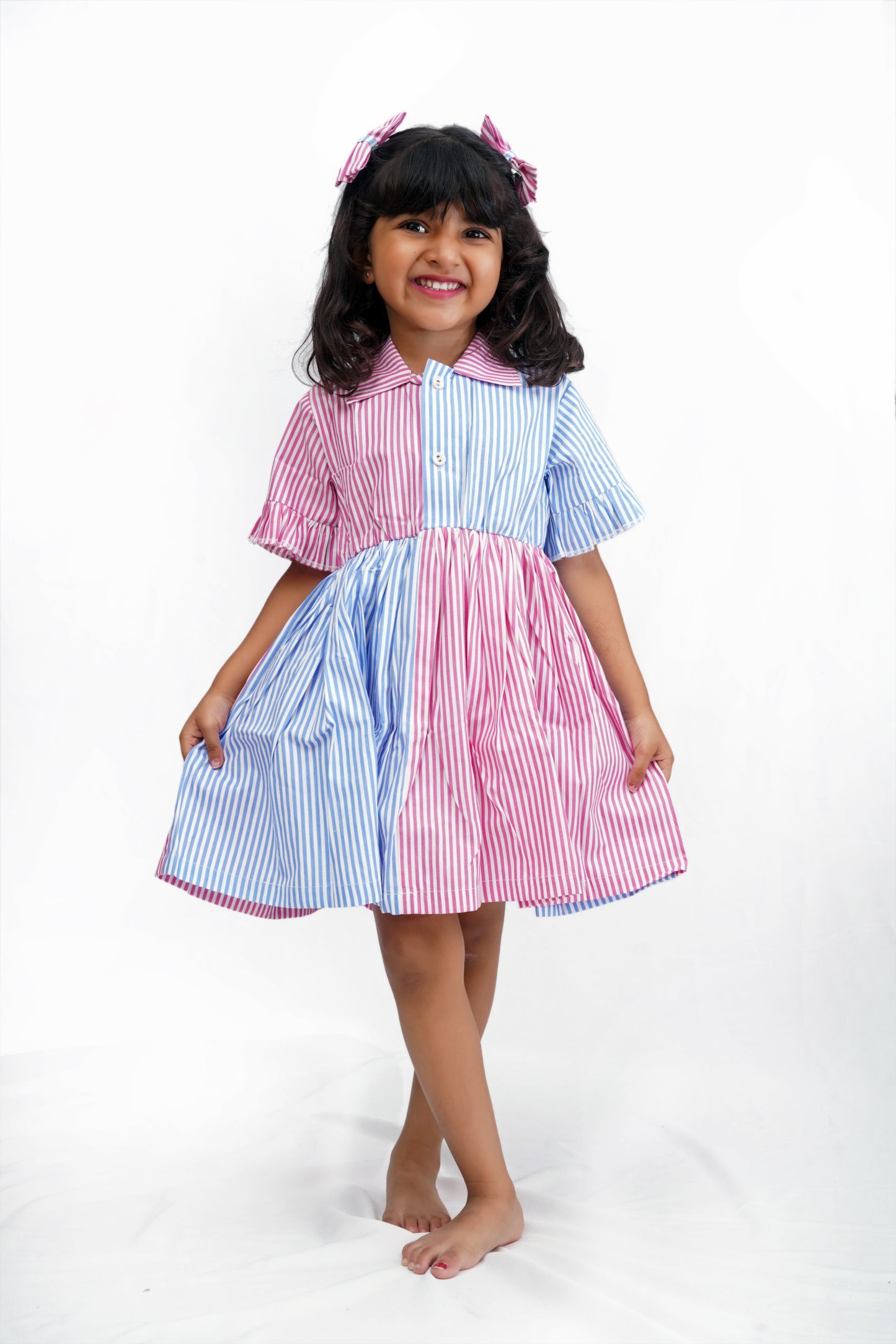 Striped Cotton Half-and-Half Dress for Girls