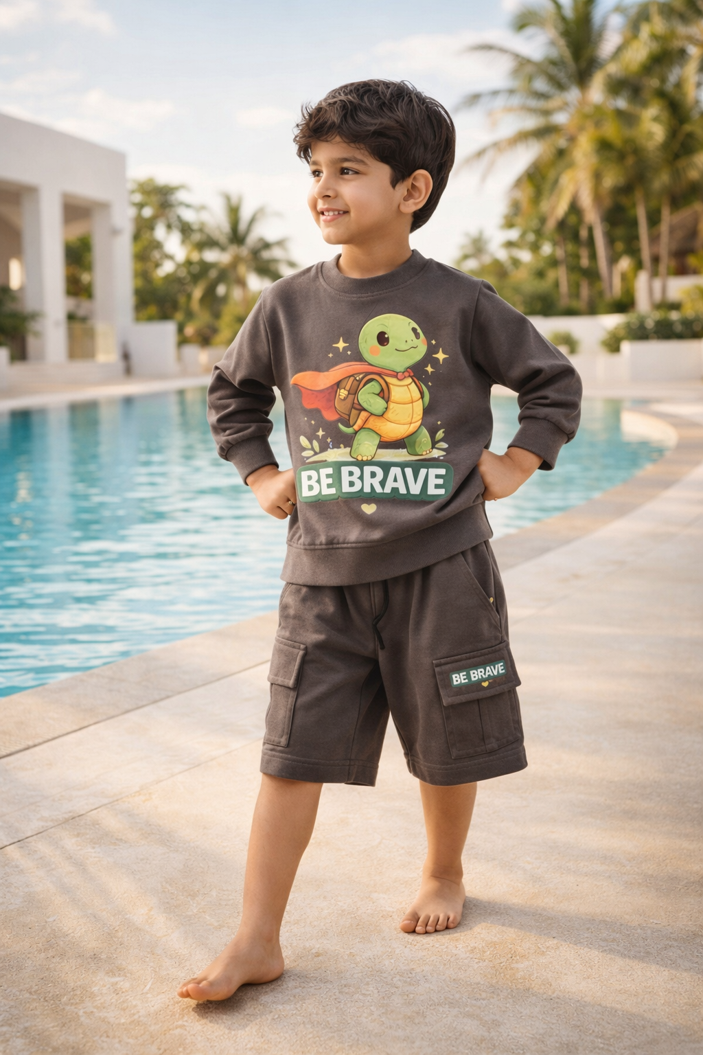 Boys' "Be Brave" Charcoal T-Shirt & Cargo Shorts Set – Lightweight Summer Travelwear