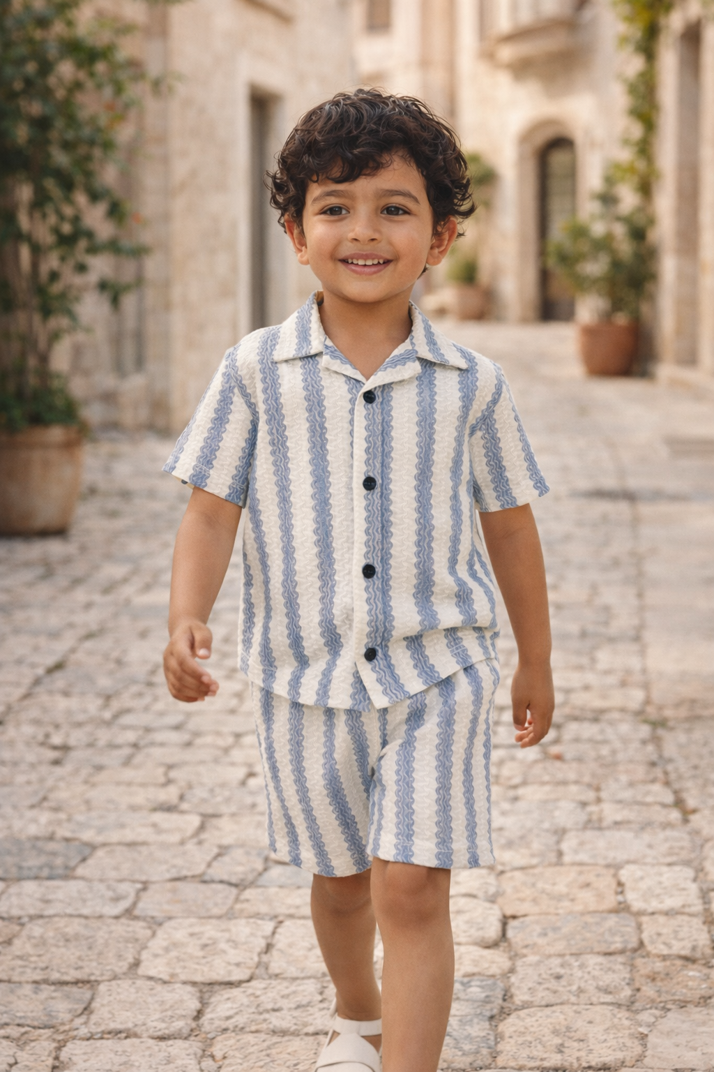 Boys Summer Co-Ord Set – Blue Stripe Button-Down Shirt & Shorts | Kids Lightweight Breathable Vacation & Beach Outfit