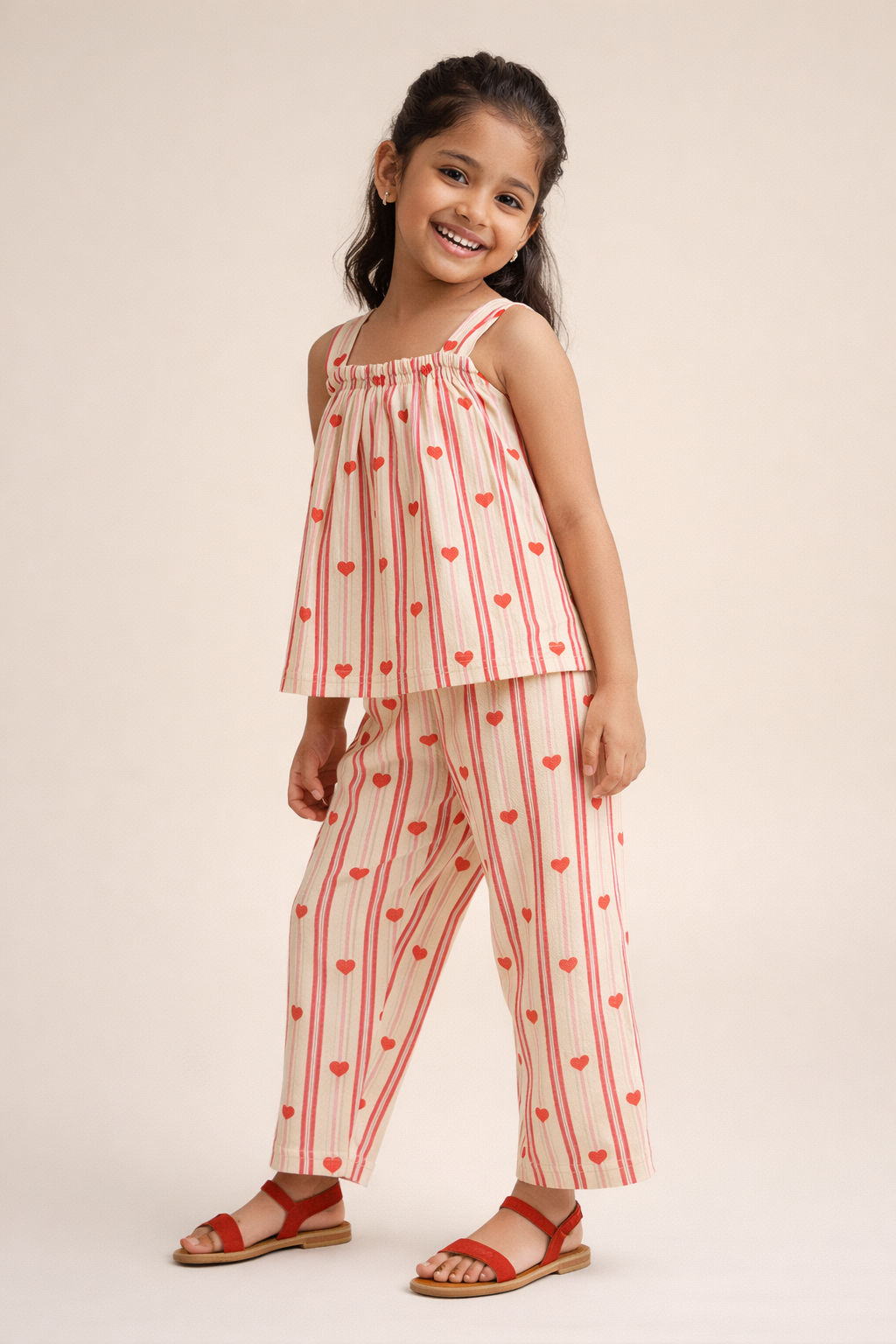 Girls Summer Co-Ord Set – Heart Print Striped Sleeveless Top & Pants | Kids Lightweight Breathable Casual Playwear Outfit