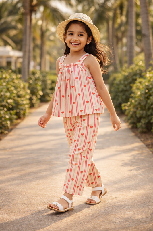 Girls Summer Co-Ord Set – Heart Print Striped Sleeveless Top & Pants | Kids Lightweight Breathable Casual Playwear Outfit
