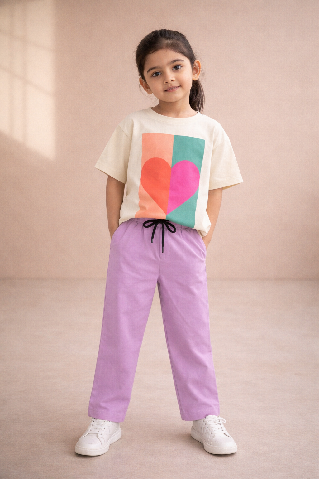 Girls' Ivory Heart Graphic Tee & Lilac Trousers Playwear Set