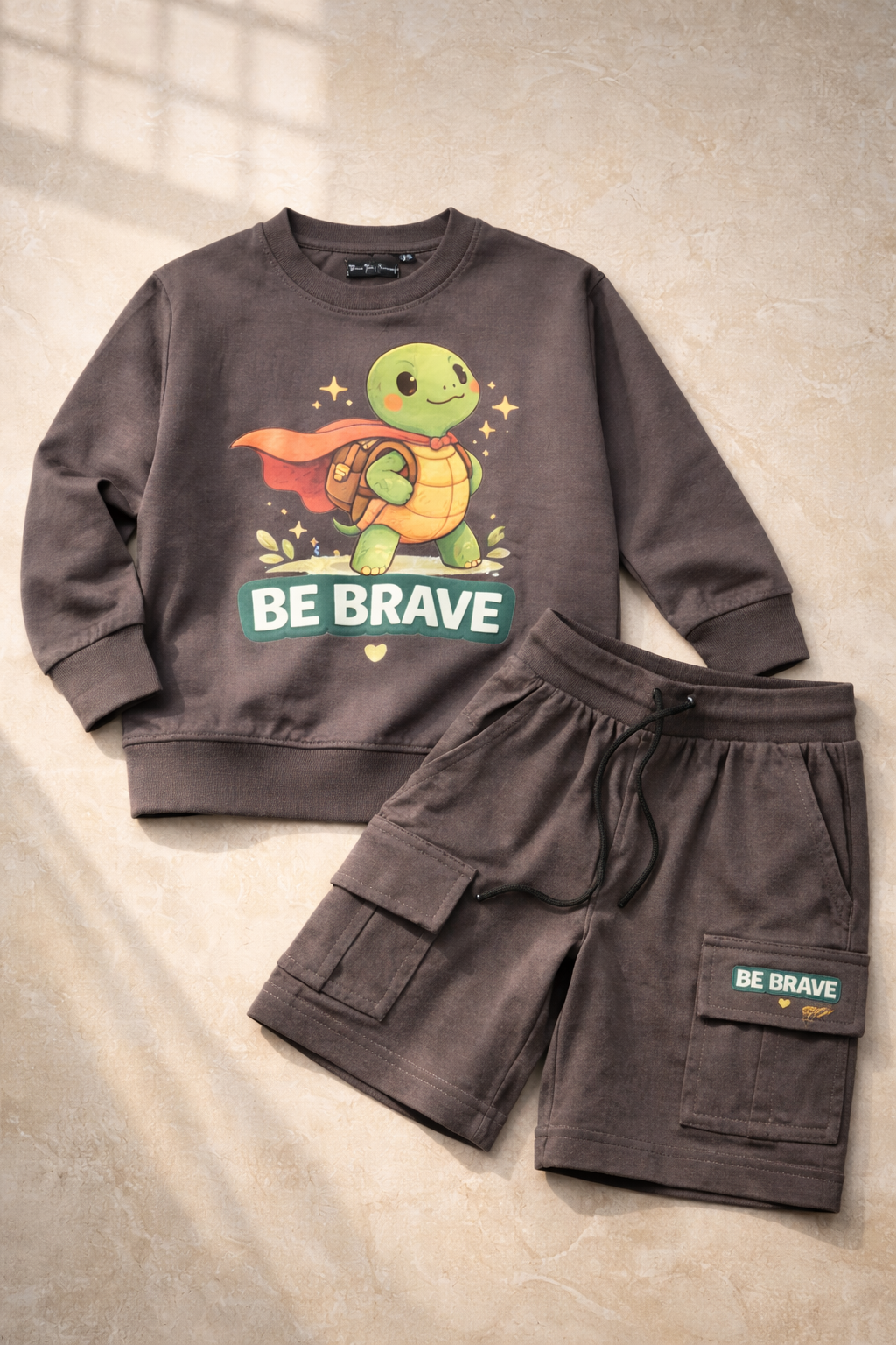 Boys' "Be Brave" Charcoal T-Shirt & Cargo Shorts Set – Lightweight Summer Travelwear