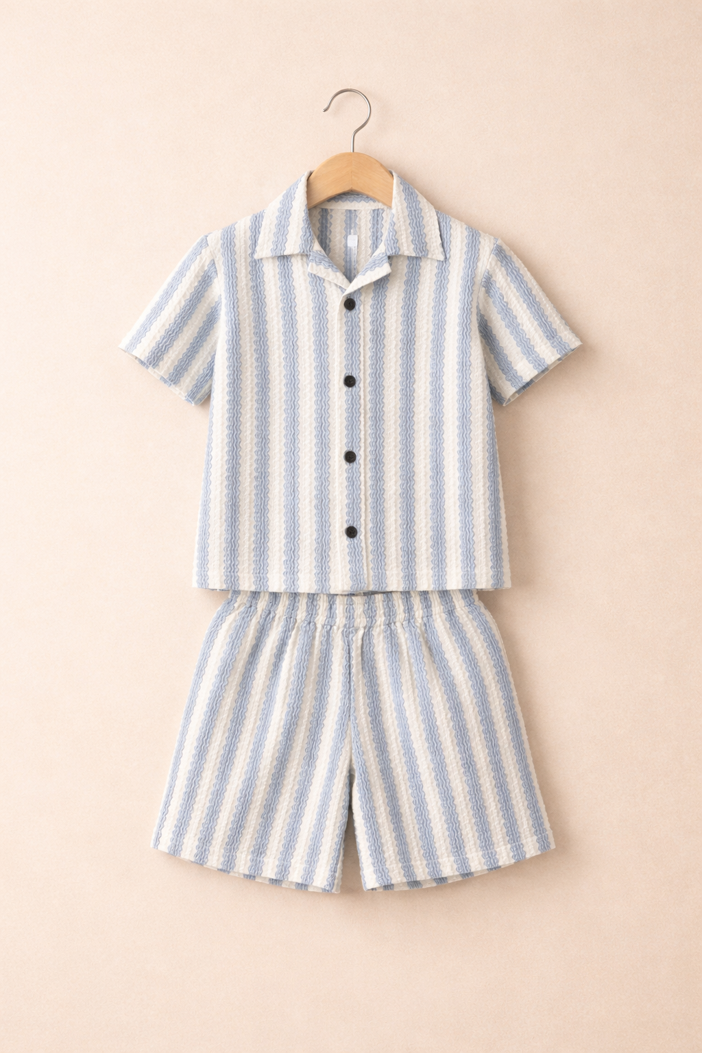 Boys Summer Co-Ord Set – Blue Stripe Button-Down Shirt & Shorts | Kids Lightweight Breathable Vacation & Beach Outfit