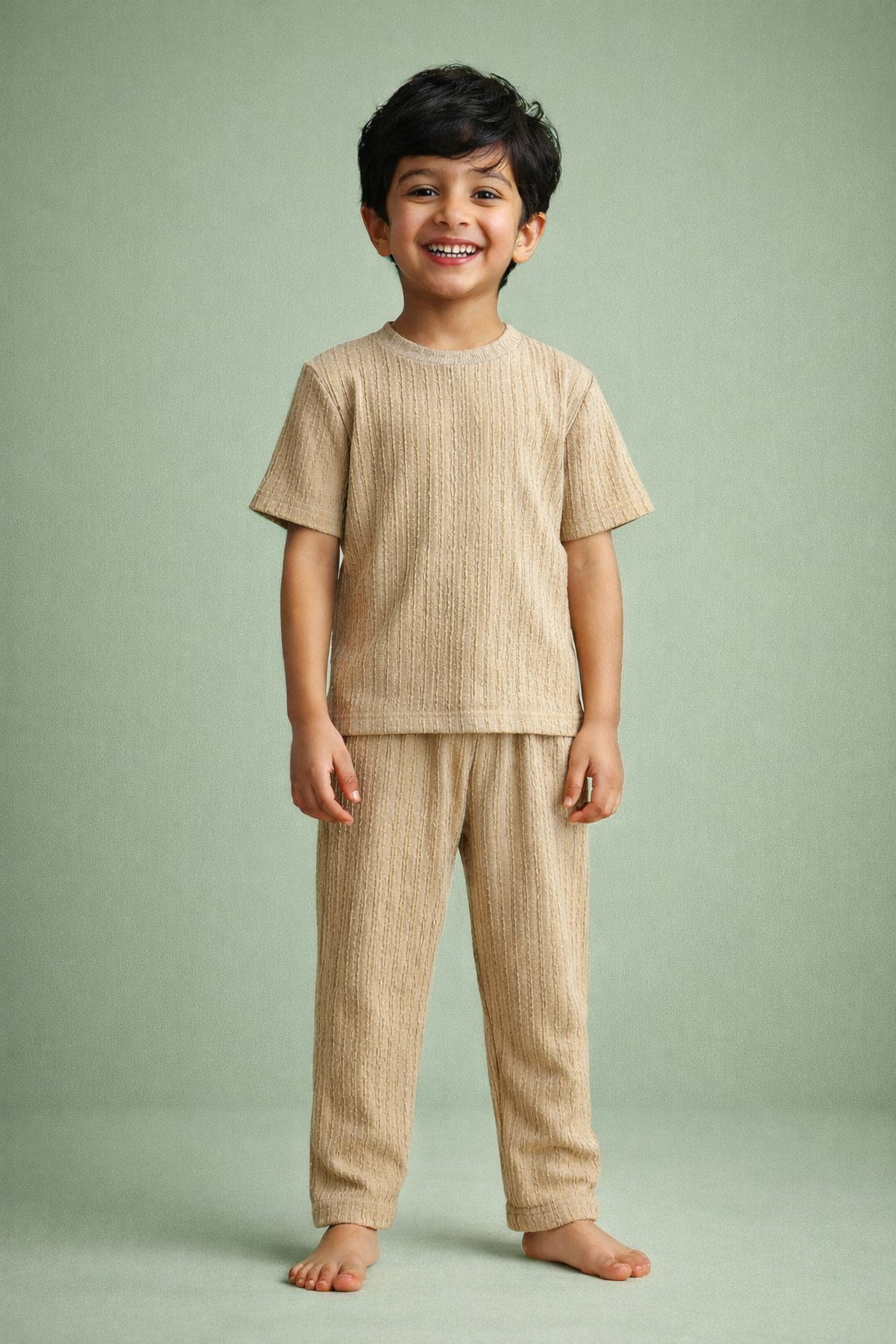 Boys' Beige Textured Tee & Trousers Playwear & Resortwear Set