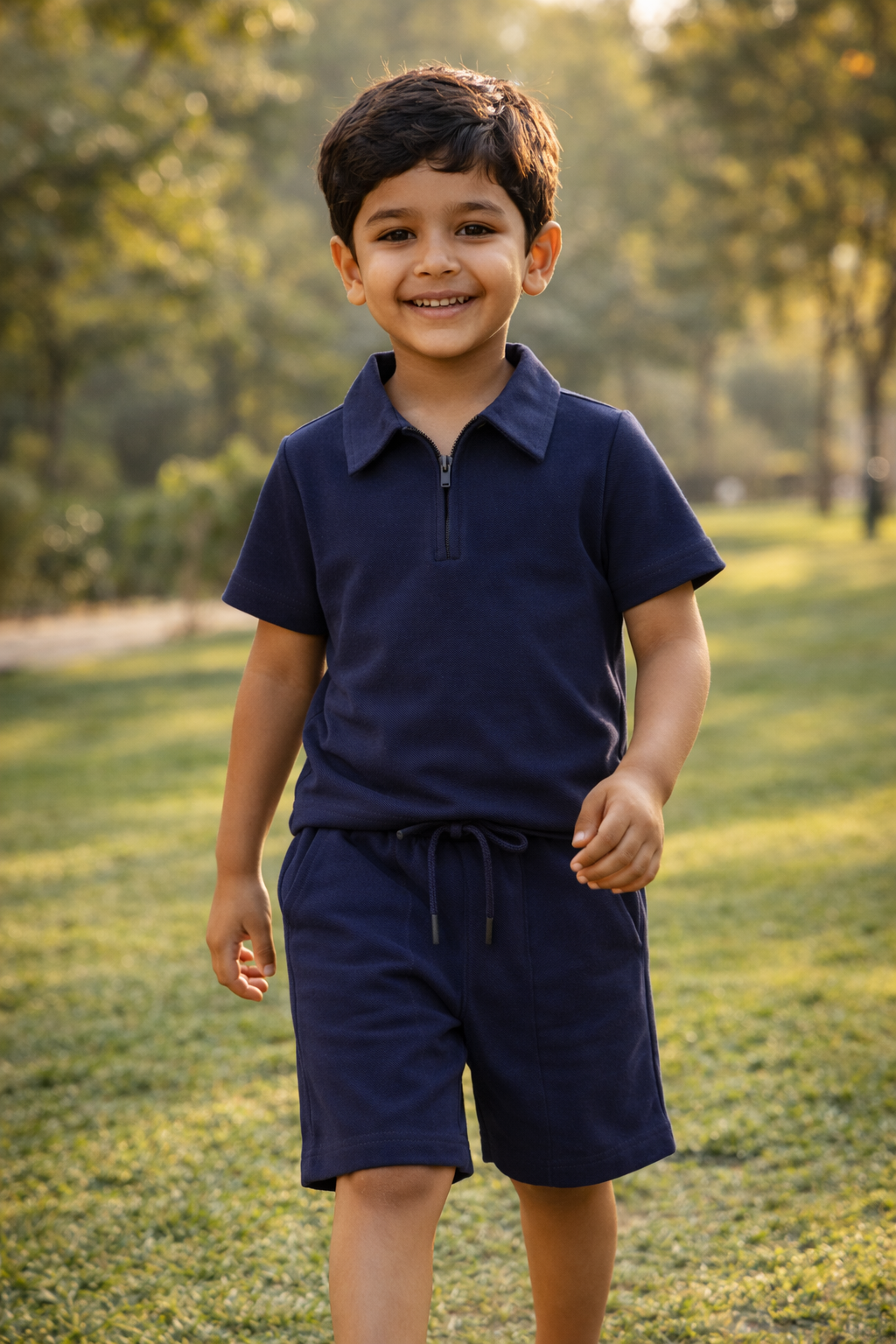 Boys' Navy Blue Zip-Polo T-Shirt & Shorts Playwear Set