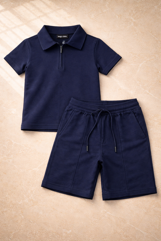 Boys' Navy Blue Zip-Polo T-Shirt & Shorts Playwear Set