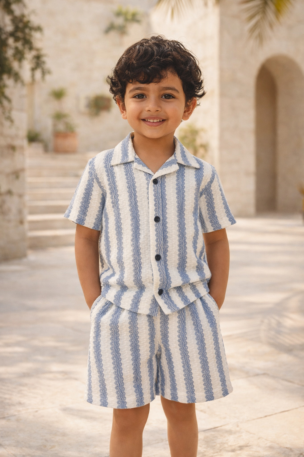 Boys Summer Co-Ord Set – Blue Stripe Button-Down Shirt & Shorts | Kids Lightweight Breathable Vacation & Beach Outfit