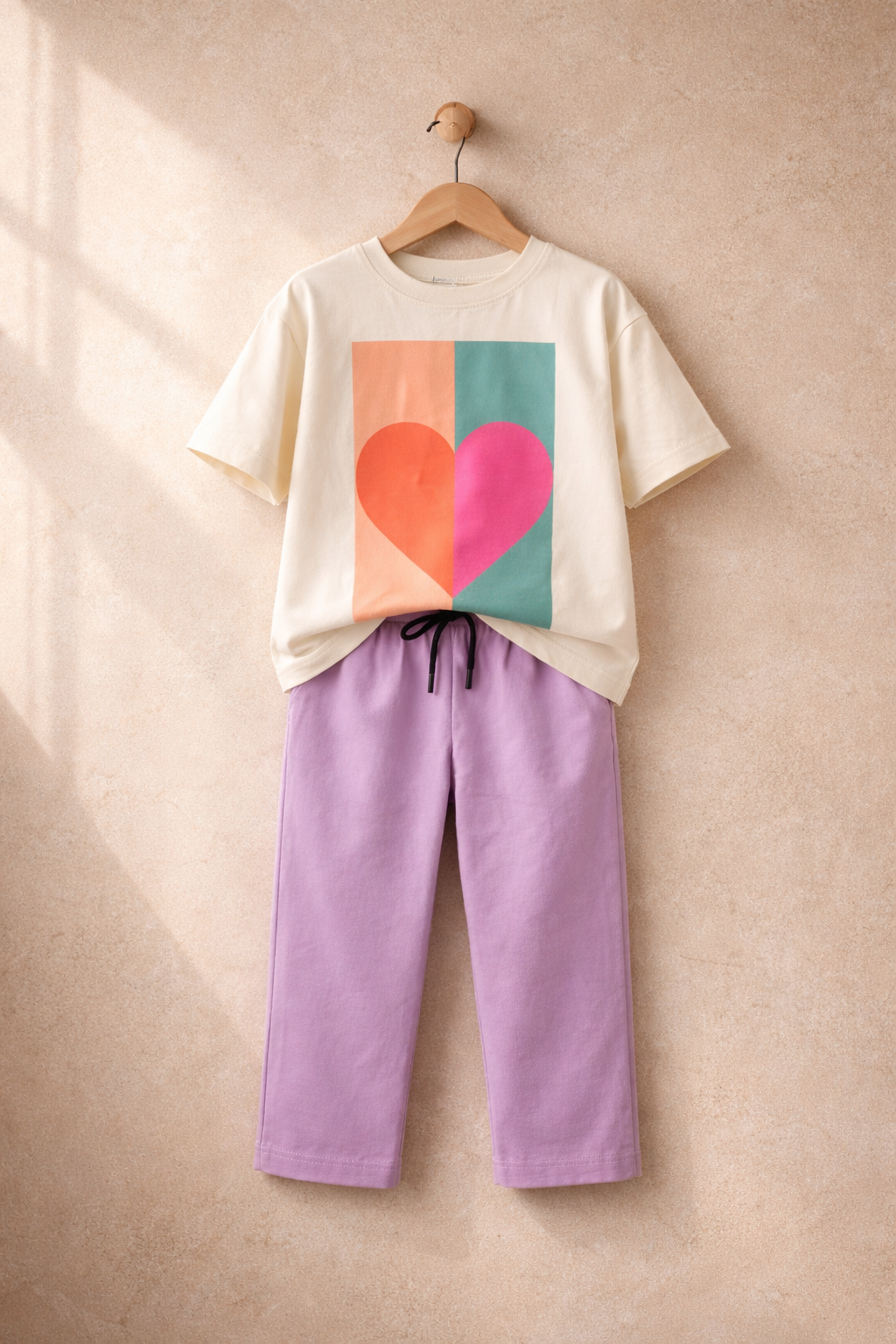 Girls' Ivory Heart Graphic Tee & Lilac Trousers Playwear Set