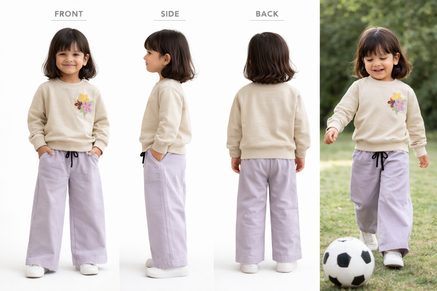 Girls' Beige Tee with Crochet Floral Patch & Lilac Wide-Leg Playwear Set
