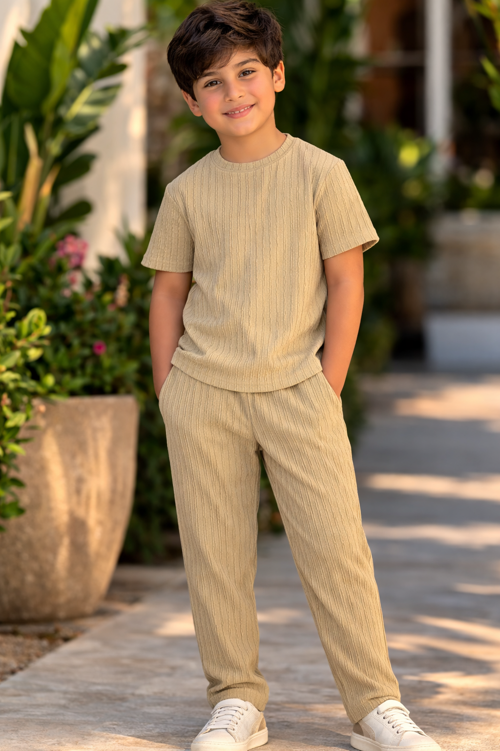 Boys' Beige Textured Tee & Trousers Playwear & Resortwear Set