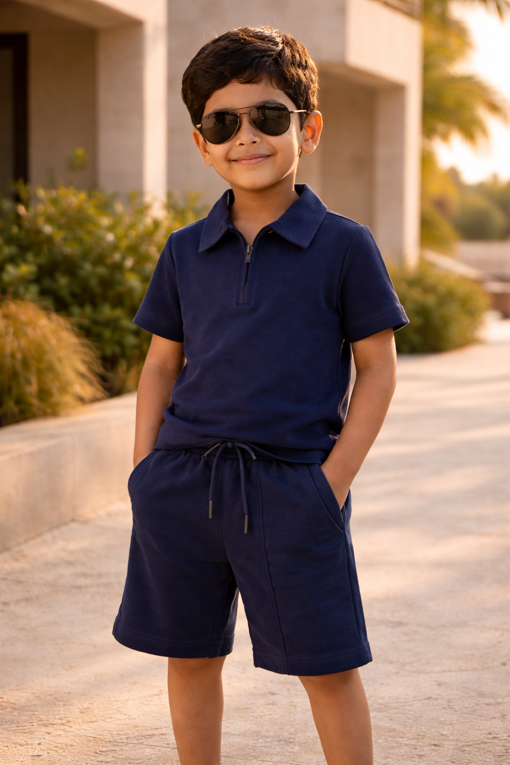 Boys' Navy Blue Zip-Polo T-Shirt & Shorts Playwear Set