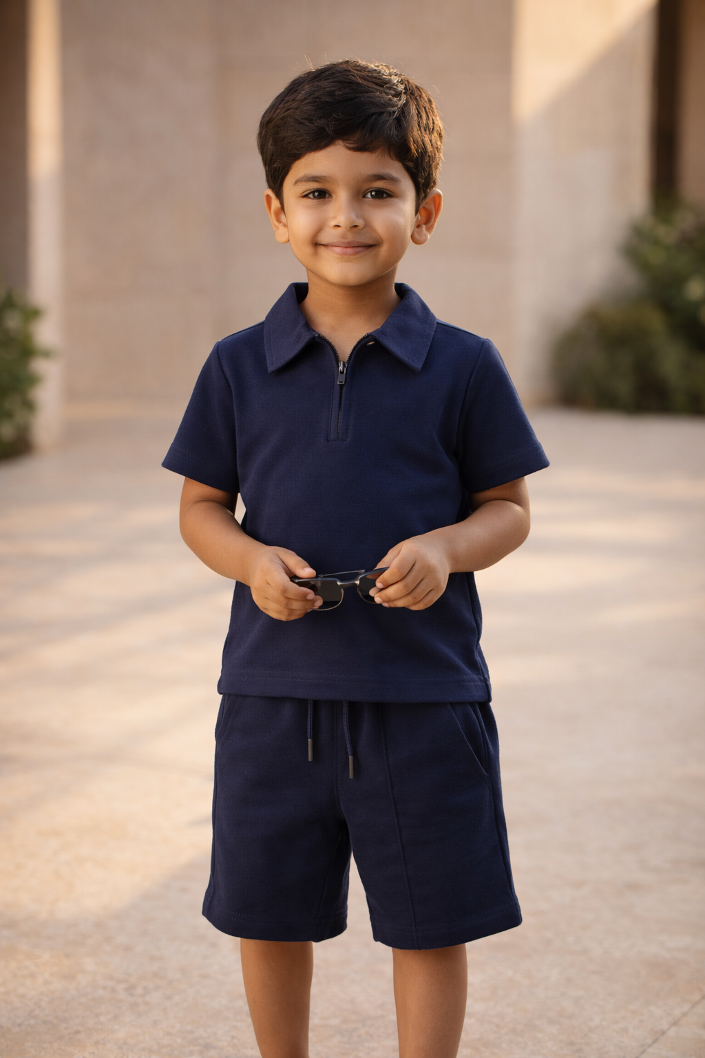 Boys' Navy Blue Zip-Polo T-Shirt & Shorts Playwear Set