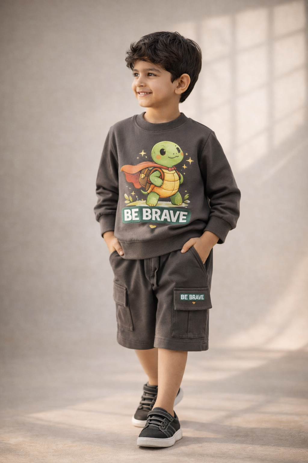 Boys' "Be Brave" Charcoal T-Shirt & Cargo Shorts Set – Lightweight Summer Travelwear