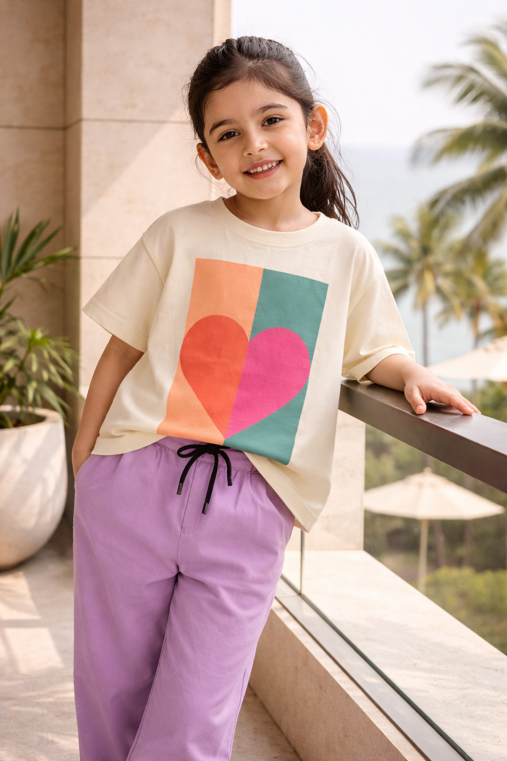 Girls' Ivory Heart Graphic Tee & Lilac Trousers Playwear Set