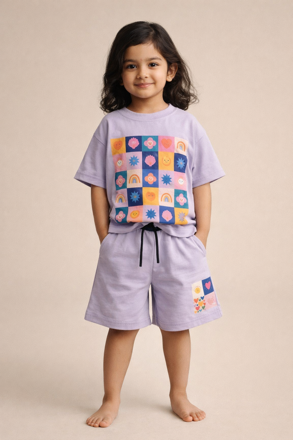 Girls Summer Co-Ord Set – Lavender Graphic T-Shirt & Shorts | Kids Lightweight Breathable Playwear Outfit