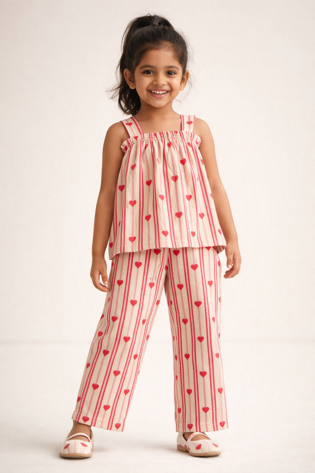 Girls Summer Co-Ord Set – Heart Print Striped Sleeveless Top & Pants | Kids Lightweight Breathable Casual Playwear Outfit
