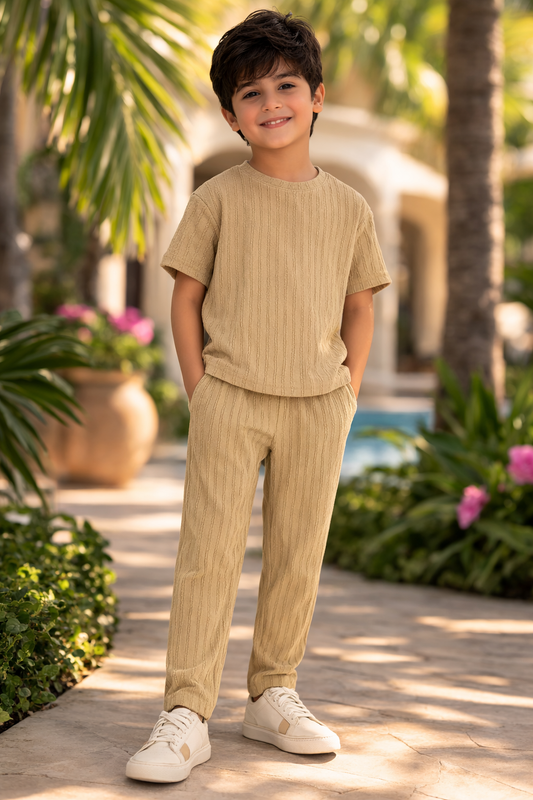 Boys' Beige Textured Tee & Trousers Playwear & Resortwear Set