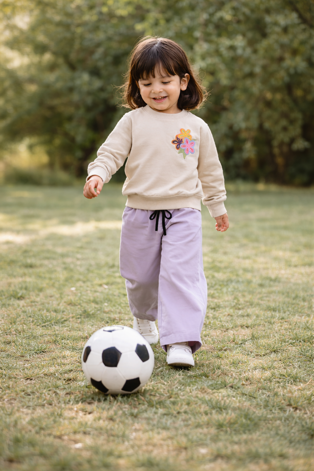 Girls' Beige Tee with Crochet Floral Patch & Lilac Wide-Leg Playwear Set