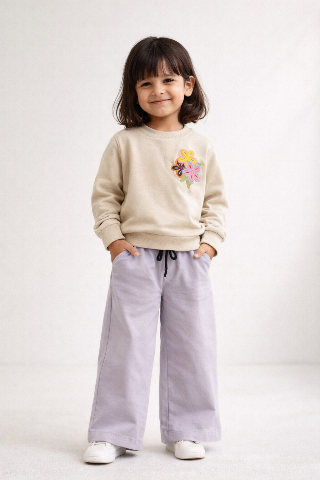 Girls' Beige Tee with Crochet Floral Patch & Lilac Wide-Leg Playwear Set