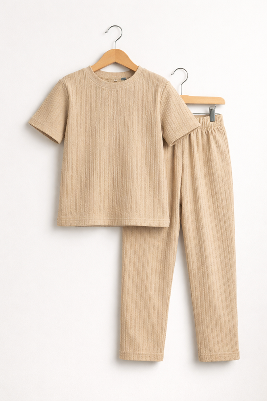 Boys' Beige Textured Tee & Trousers Playwear & Resortwear Set