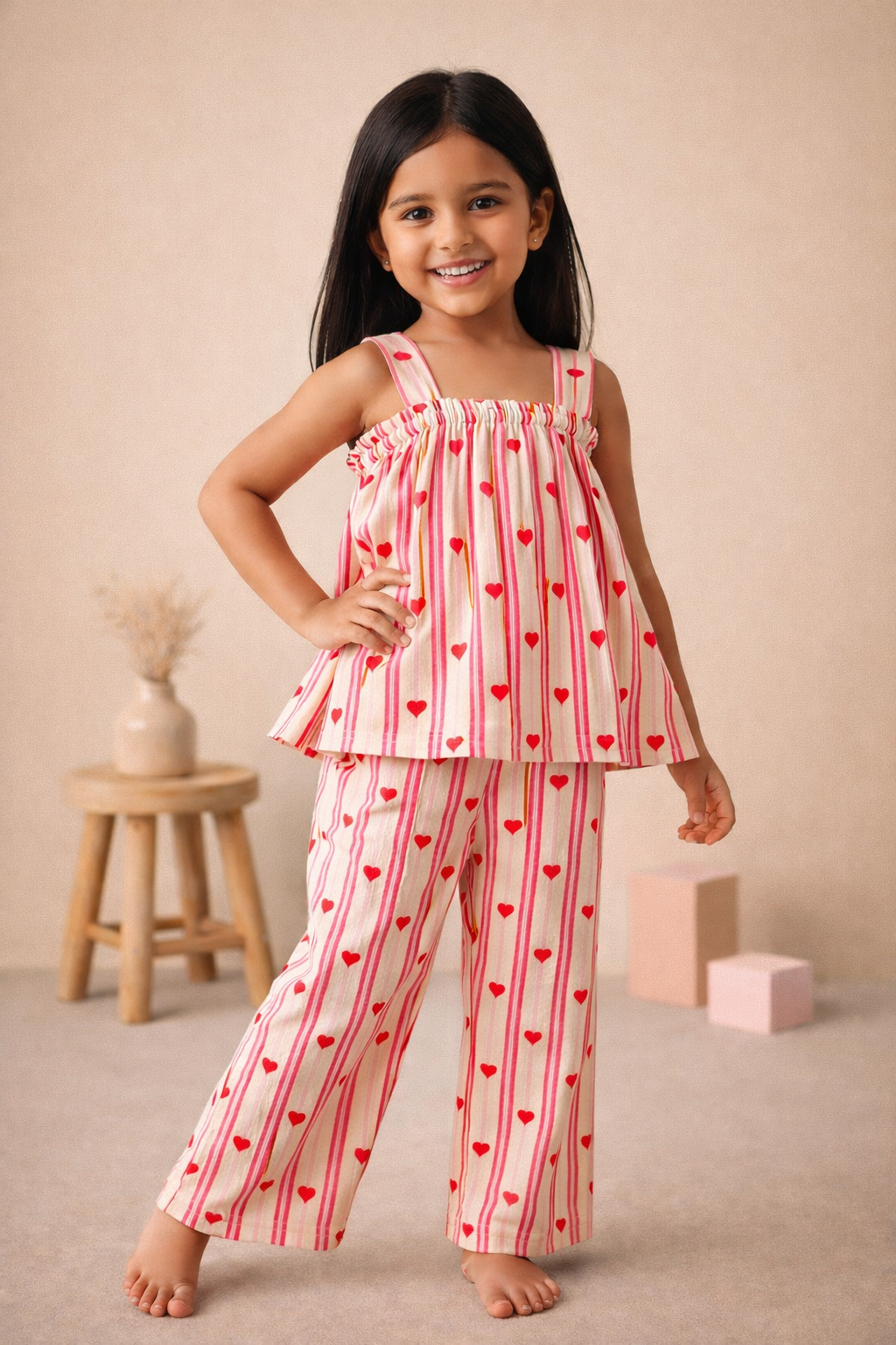 Girls Summer Co-Ord Set – Heart Print Striped Sleeveless Top & Pants | Kids Lightweight Breathable Casual Playwear Outfit