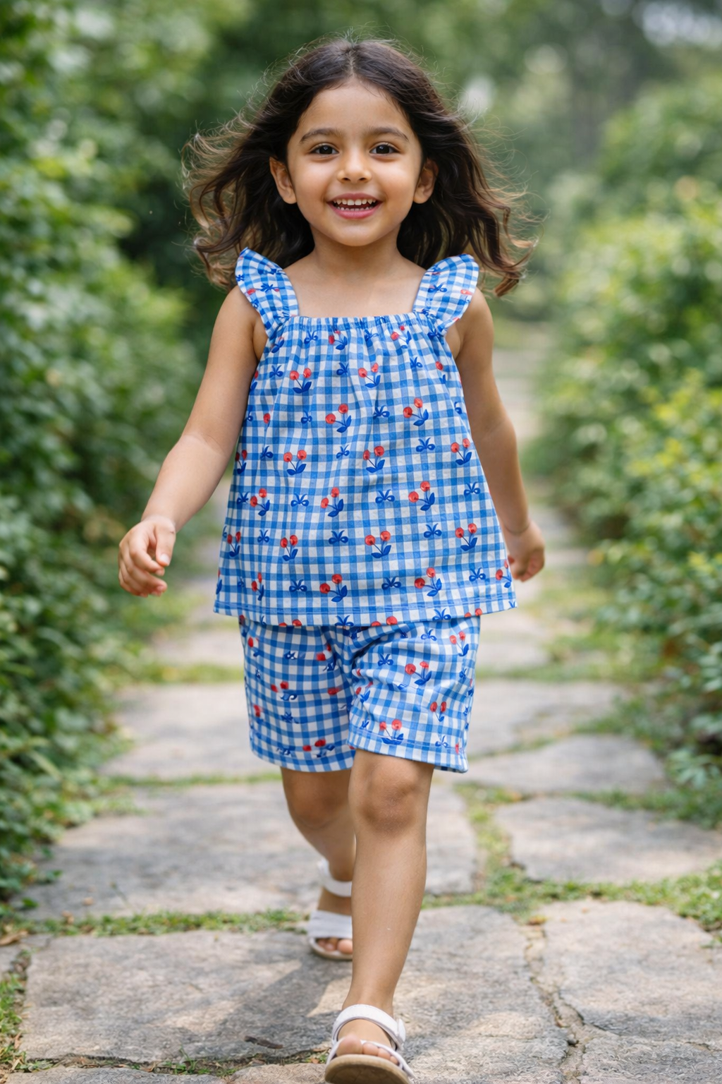 Girls Summer Co-Ord Set – Blue Check Cherry Print Sleeveless Top & Shorts | Kids Lightweight Breathable Playwear & Vacation Outfit
