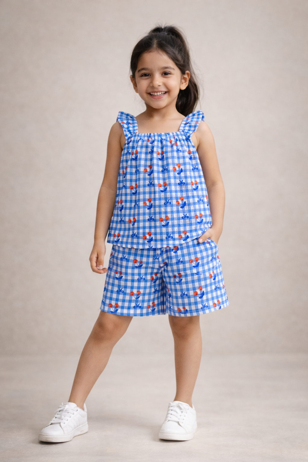 Girls Summer Co-Ord Set – Blue Check Cherry Print Sleeveless Top & Shorts | Kids Lightweight Breathable Playwear & Vacation Outfit